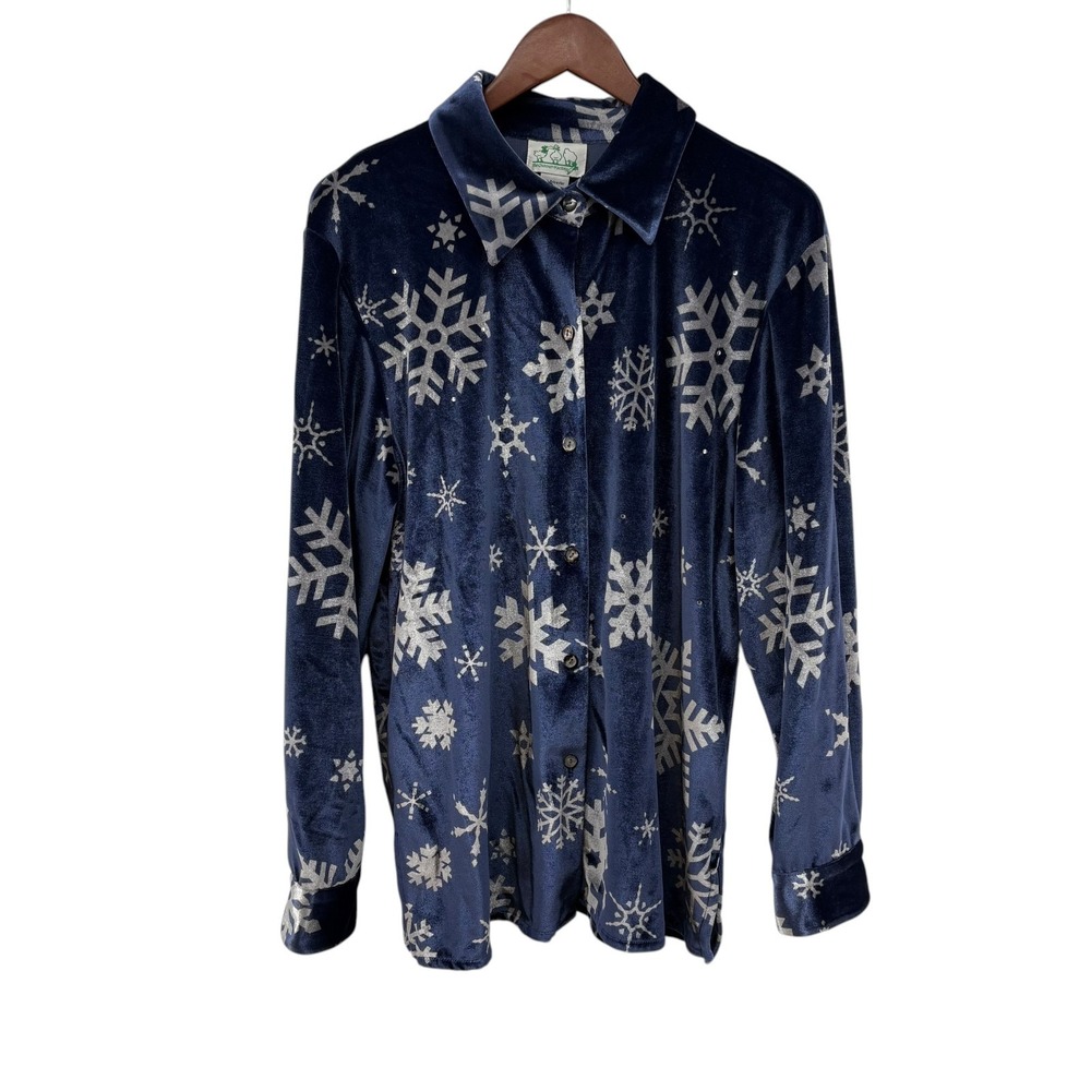 Quacker Factory Large Navy Velour Snowflake Rhinestone Holiday Shirt